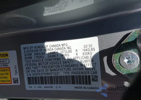 2025 Honda Civic Sport из США, поврежденный, VIN 2HGFE2F55SH573227